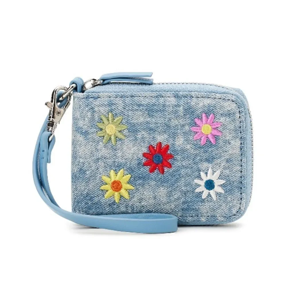 Women's Blue Washed Denim Flower Embroidered Wristlet Wallet Bag Purse